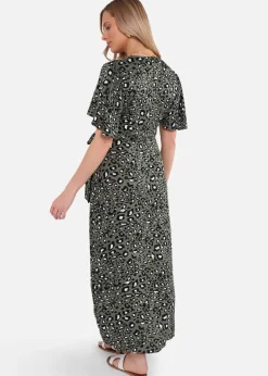 Gini London Khaki Animal Print Viscose Wrap Midi Dress
