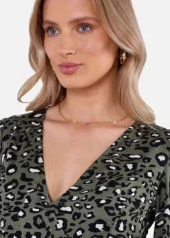Gini London Khaki Animal Print Viscose Wrap Midi Dress
