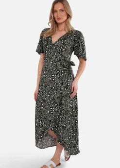 Gini London Khaki Animal Print Viscose Wrap Midi Dress
