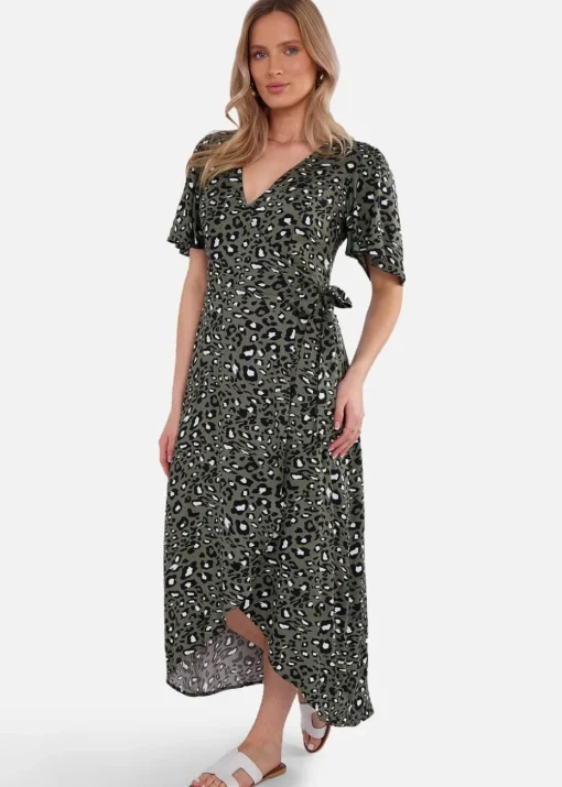 Gini London Khaki Animal Print Viscose Wrap Midi Dress
