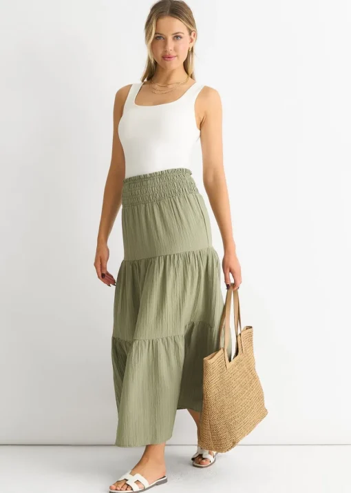 Gini London Khaki Smocked Tiered Maxi Skirt