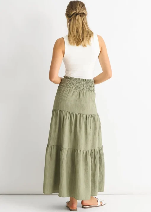 Gini London Khaki Smocked Tiered Maxi Skirt