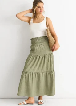 Gini London Khaki Smocked Tiered Maxi Skirt