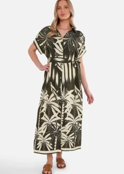 Gini London Khaki Tropical Print Midi Shirt Dress