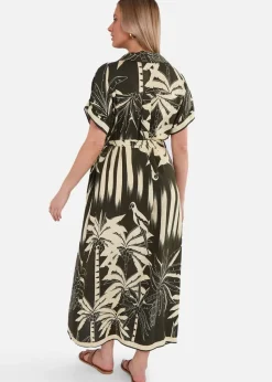 Gini London Khaki Tropical Print Midi Shirt Dress