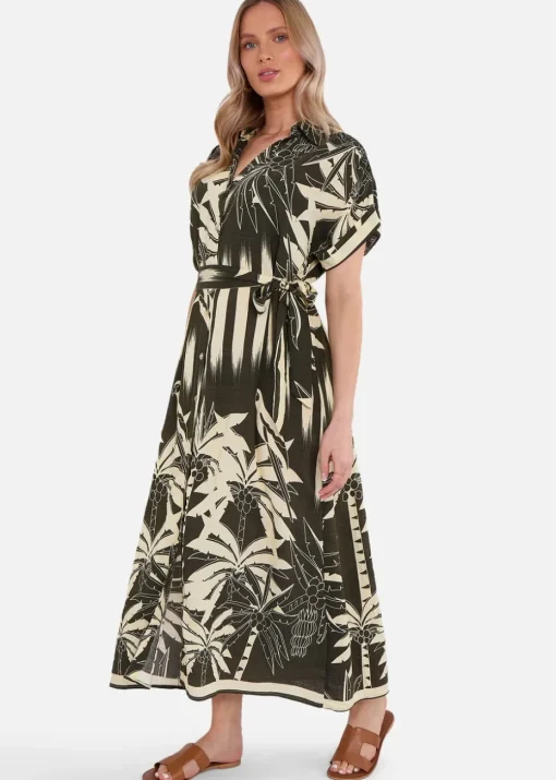 Gini London Khaki Tropical Print Midi Shirt Dress
