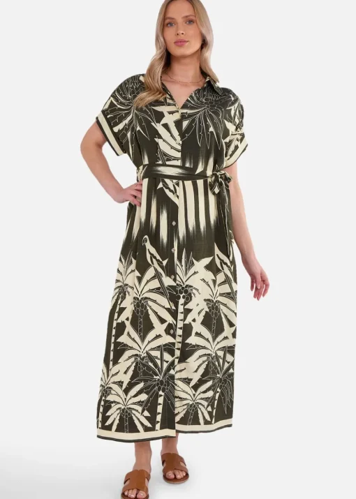 Gini London Khaki Tropical Print Midi Shirt Dress