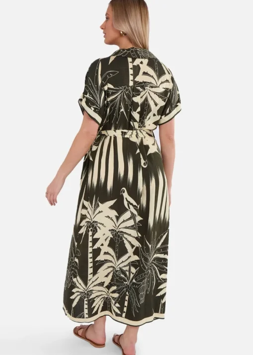 Gini London Khaki Tropical Print Midi Shirt Dress