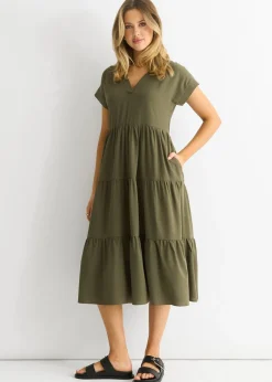 Gini London Khaki V Neck Pocket Smock Midi Dress