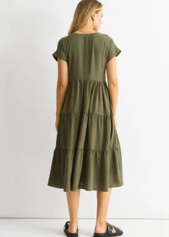 Gini London Khaki V Neck Pocket Smock Midi Dress