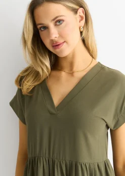 Gini London Khaki V Neck Pocket Smock Midi Dress