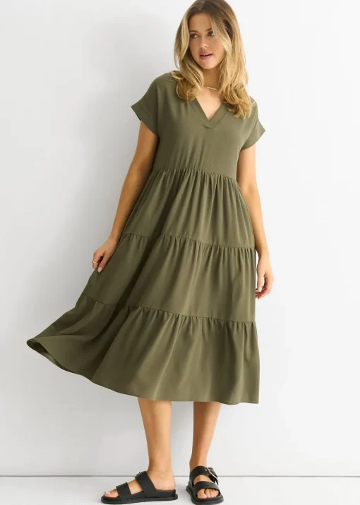 Gini London Khaki V Neck Pocket Smock Midi Dress