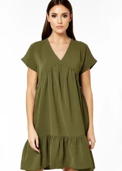 Gini London Khaki V-Neck Tiered Mini Smock Dress