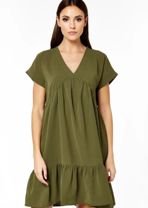 Gini London Khaki V-Neck Tiered Mini Smock Dress