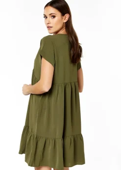 Gini London Khaki V-Neck Tiered Mini Smock Dress