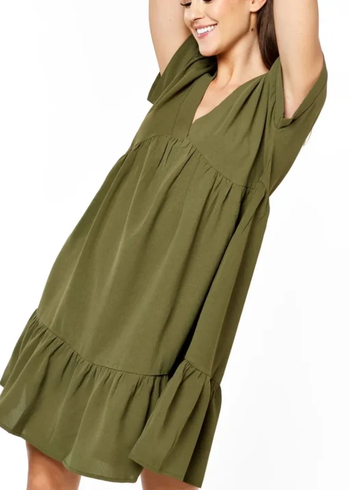 Gini London Khaki V-Neck Tiered Mini Smock Dress