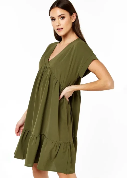 Gini London Khaki V-Neck Tiered Mini Smock Dress
