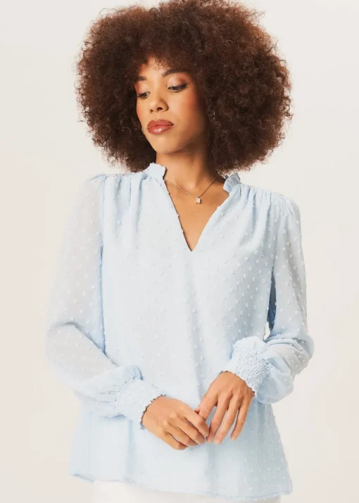 Gini London Light Blue Dobby Chiffon Frill Neck Blouse