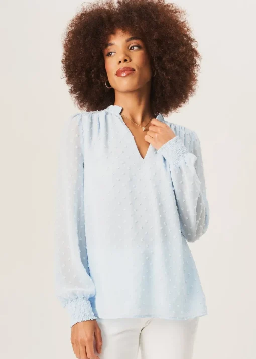 Gini London Light Blue Dobby Chiffon Frill Neck Blouse
