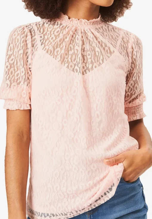Gini London Light Pink High Neck Lace Loose Fit Blouse