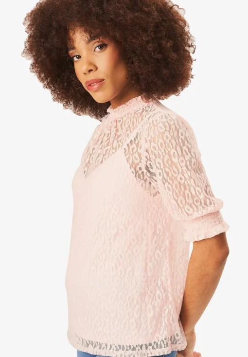 Gini London Light Pink High Neck Lace Loose Fit Blouse