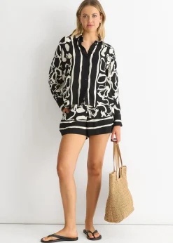 Gini London Mono Border Print Viscose Oversized Shirt