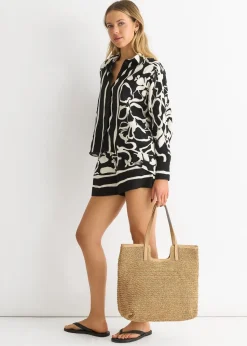 Gini London Mono Border Print Viscose Oversized Shirt