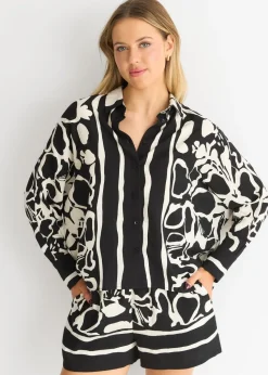 Gini London Mono Border Print Viscose Oversized Shirt