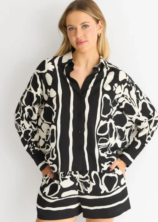 Gini London Mono Border Print Viscose Oversized Shirt