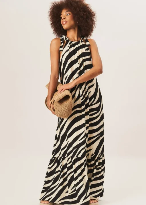 Gini London Mono Zebra Print Tie Shoulder Maxi Dress