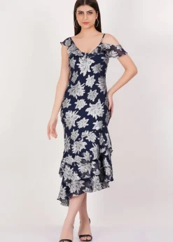 Gini London Navy Floral Clipped Tiered Ruffle Midi Dress