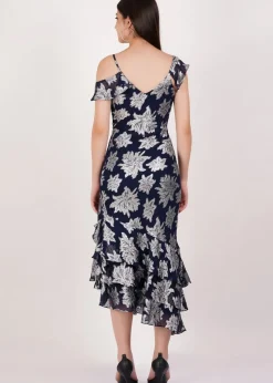 Gini London Navy Floral Clipped Tiered Ruffle Midi Dress