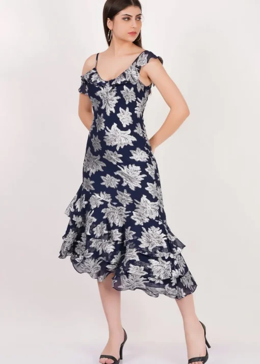 Gini London Navy Floral Clipped Tiered Ruffle Midi Dress