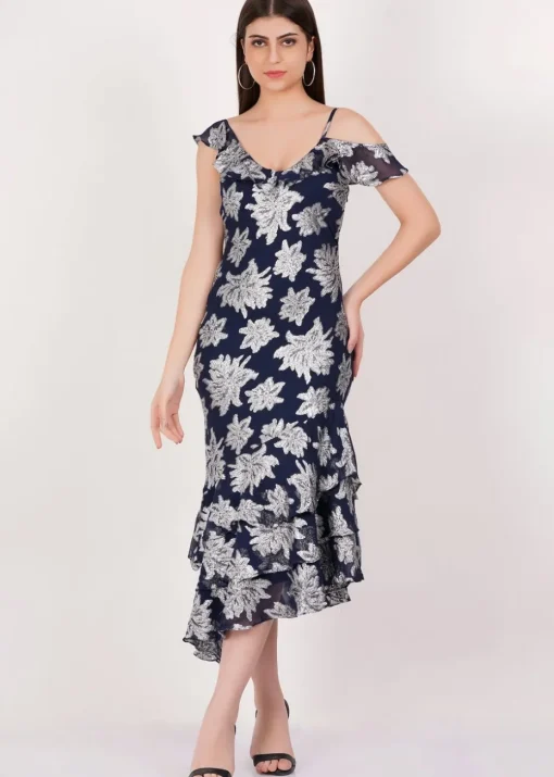 Gini London Navy Floral Clipped Tiered Ruffle Midi Dress