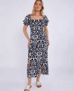 Gini London Navy Puff Sleeves Split Viscose Midi Dress