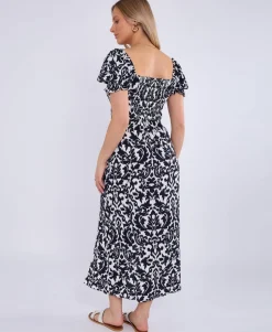 Gini London Navy Puff Sleeves Split Viscose Midi Dress