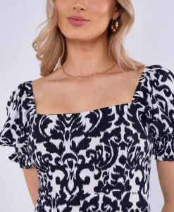 Gini London Navy Puff Sleeves Split Viscose Midi Dress