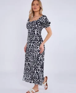 Gini London Navy Puff Sleeves Split Viscose Midi Dress