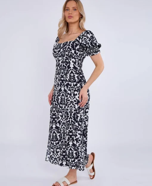Gini London Navy Puff Sleeves Split Viscose Midi Dress
