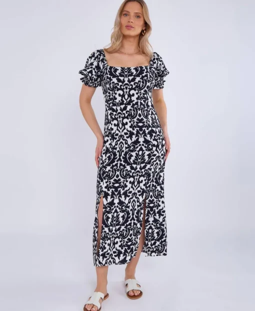 Gini London Navy Puff Sleeves Split Viscose Midi Dress