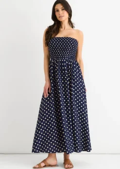Gini London Navy Shirred Top Viscose Spot Midi Dress