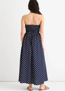 Gini London Navy Shirred Top Viscose Spot Midi Dress