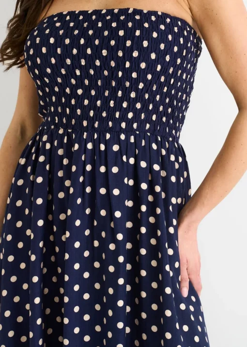 Gini London Navy Shirred Top Viscose Spot Midi Dress