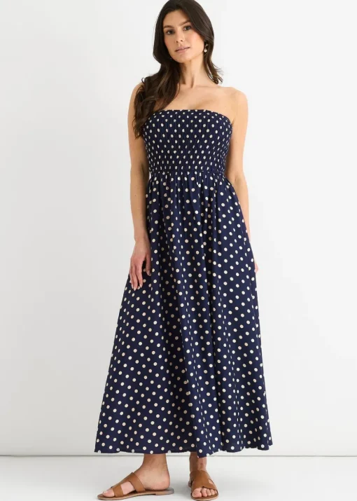Gini London Navy Shirred Top Viscose Spot Midi Dress