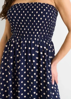 Gini London Navy Shirred Top Viscose Spot Midi Dress