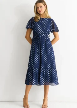 Gini London Navy Spot Chiffon Angel Sleeves Midi Dress