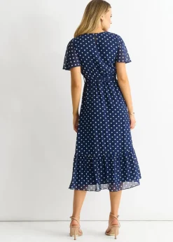Gini London Navy Spot Chiffon Angel Sleeves Midi Dress