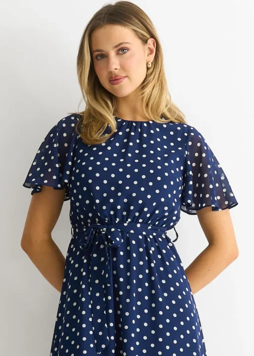Gini London Navy Spot Chiffon Angel Sleeves Midi Dress