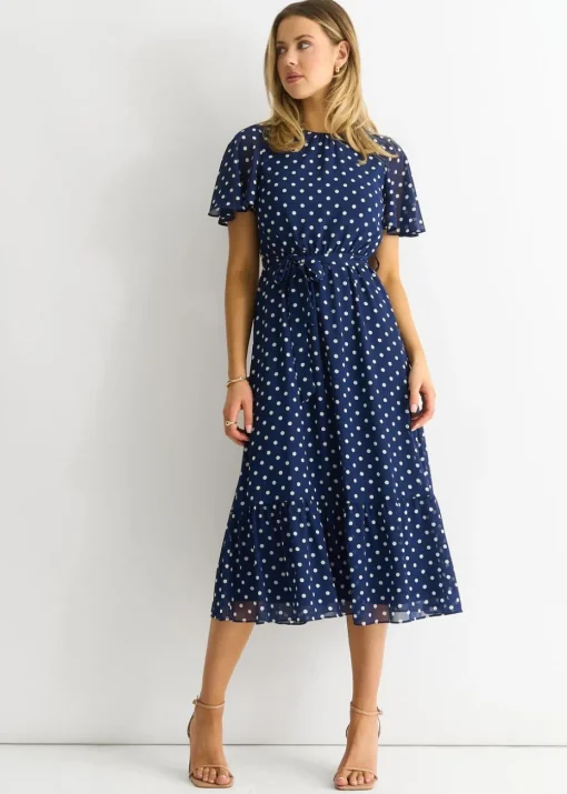 Gini London Navy Spot Chiffon Angel Sleeves Midi Dress