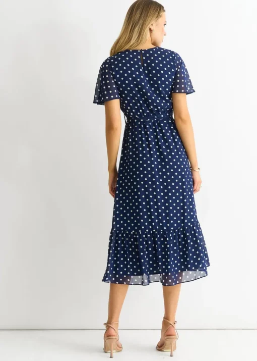 Gini London Navy Spot Chiffon Angel Sleeves Midi Dress